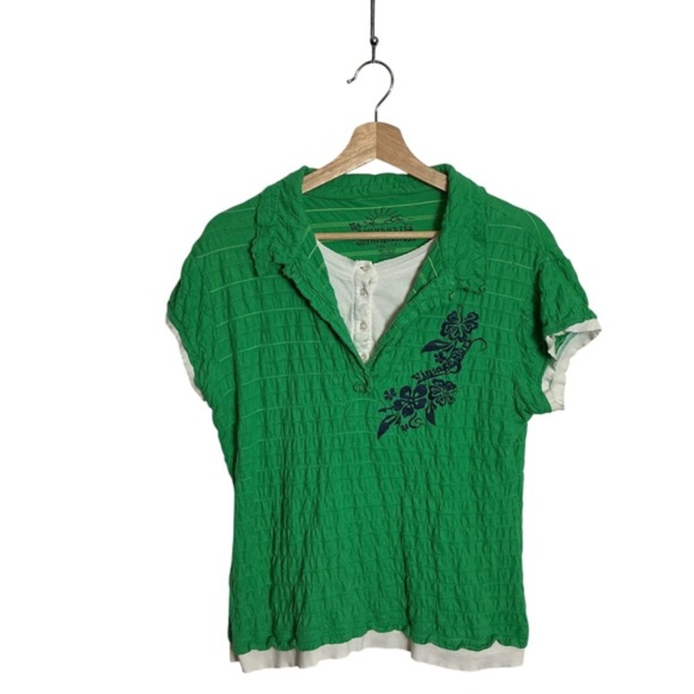 Y2K No Boundaries‎ Vintage XXL Green 2fer Crinkle Henley Layered Top Floral